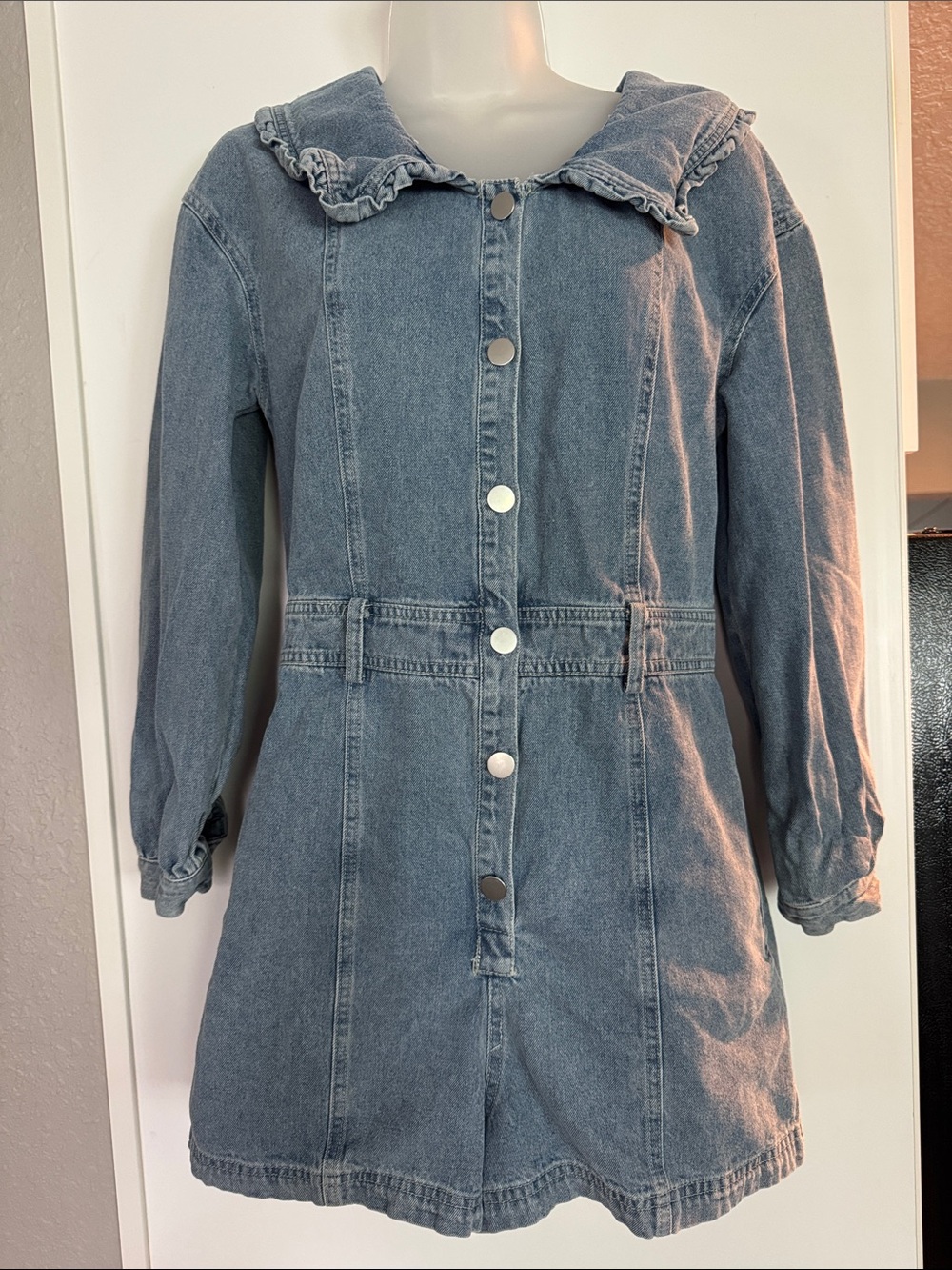 Storia Light Blue Ruffled Collar Denim Romper